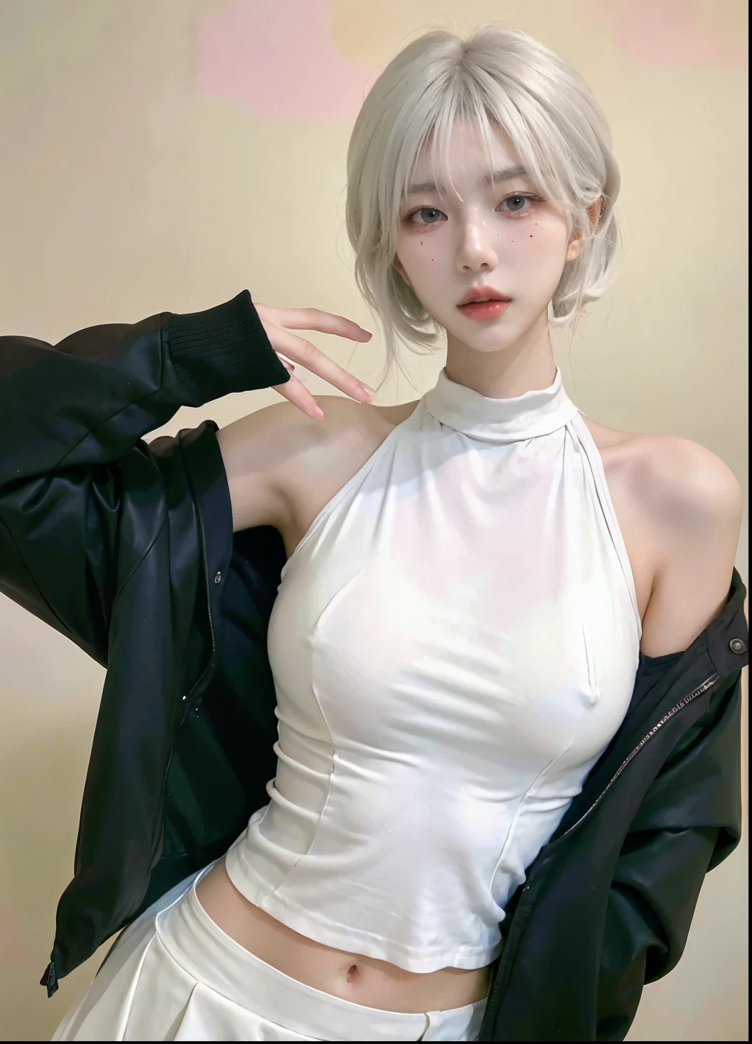 Beautiful woman with perfect figure:1.4,2 girls,Ultra-high resolution,White background,Hazy Beauty,(Realism:1.4),Layered hairstyle,White skin,JK:1.5,Super short pleated skirt,whole body:1.4,Very delicate and skin texture,Double eyelids,Skin Whitening,Long hair,White hair
