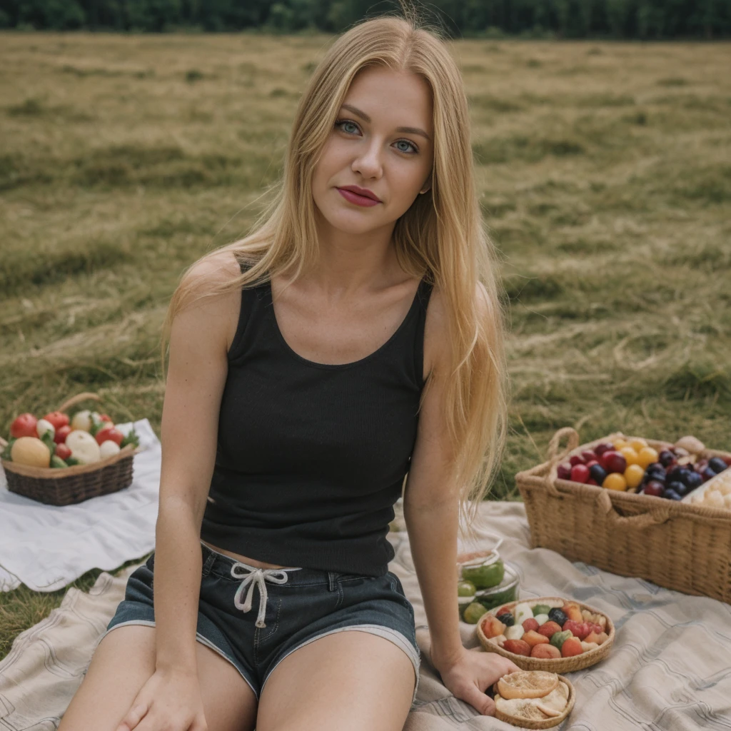 1girl, photorealistic, (((ugly face:1.5))), (((photorealistic))), (((raw photo in sequence))), (((natural lights))), (((detailed no blur background))), (((26 to 35 years old))), (((upper body and upper legs, happy))), (((detailed face))), photo_(medium), realistic, (((Caucasian woman))), (((long white blonde hair))), (((Caucasian nose))), (((Caucasian green eyes))), (((Caucasian face))), (((Caucasian lips))), (((sexy body))), (((wearing rugged black tank tops and shorts))), different pose, posing, (((different pose))), (((grassland))), hair is dragging by wind, candid shot, (((picnic setting))), wide shot