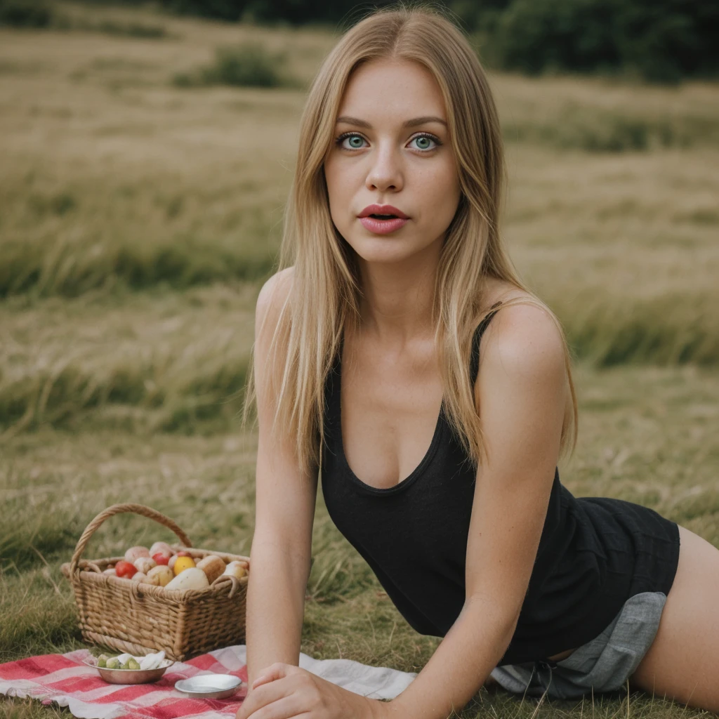 1girl, photorealistic, (((ugly face:1.5))), (((photorealistic))), (((raw photo in sequence))), (((natural lights))), (((detailed no blur background))), (((26 to 35 years old))), (((upper body and upper legs, happy))), (((detailed face))), photo_(medium), realistic, (((Caucasian woman))), (((long white blonde hair))), (((Caucasian nose))), (((Caucasian green eyes))), (((Caucasian face))), (((Caucasian lips))), (((sexy body))), (((wearing rugged black tank tops and shorts))), different pose, posing, (((different pose))), (((grassland))), hair is dragging by wind, candid shot, (((picnic setting))), wide shot