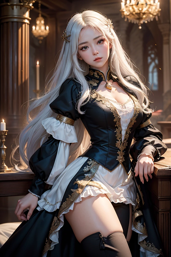 ((masterpiece:1.5,Highest quality,Highly detailed images,Beautiful images、Realistic、Photorealistic、2.5D))(1girl, 独奏)(medium breasts, white hair, black eyes, Healthy legs、Tight ass、Beautiful cleavage)(Fantasy dresses、Fantasy Clothes、Black battle dress、Deep slit)(wind, floating hair)(Inside the castle、The King's Chamber)