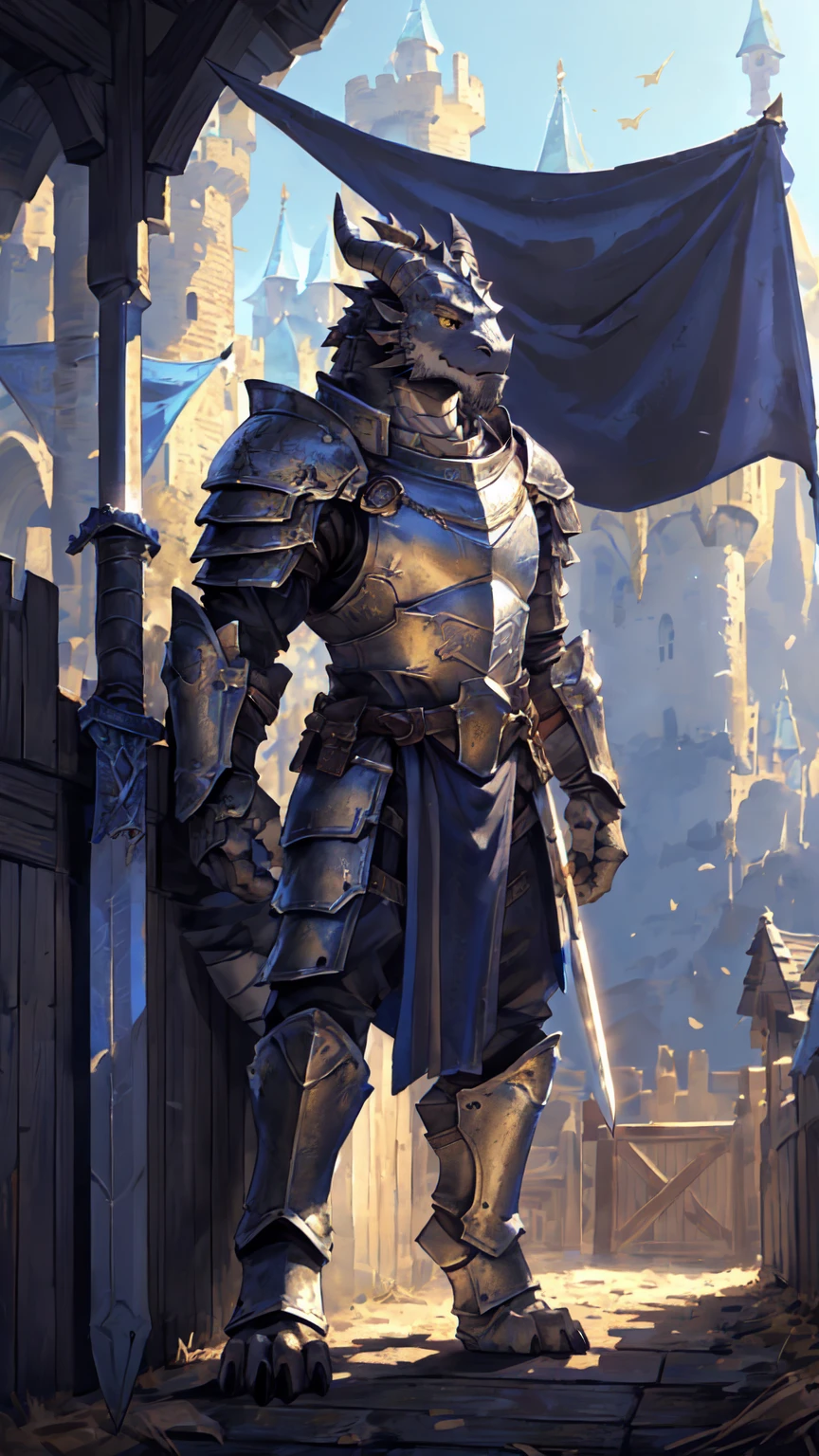 ((middle Ages:1.6,Castle Background:1.5)),((Crusu:1.6)),(Charging posture:1.3),Sunlight,high resolution,4K,gay,(whole body:1.1),masterpiece,high quality,Calm and calm,((dragon)),male,dragonFurry,(teenager:1.3),hairy,((Stable,Handsome face:1.4)),((peaceful)),((Holding a long sword:1.3)),(((strong:1.4,Long legs:1.3,粗壮dragon尾:1.2))),(((Gray head:1.2,Golden pupils:1.2,White neck:1.3,Gray back of hand:1.4,White muscles:1.3))),(((White Armor:1.3,Armor has a blue banner:1.4))),Mature face,Exquisite eyes,Detailed body,Detailed hands,Detailed feet,Kenket's style