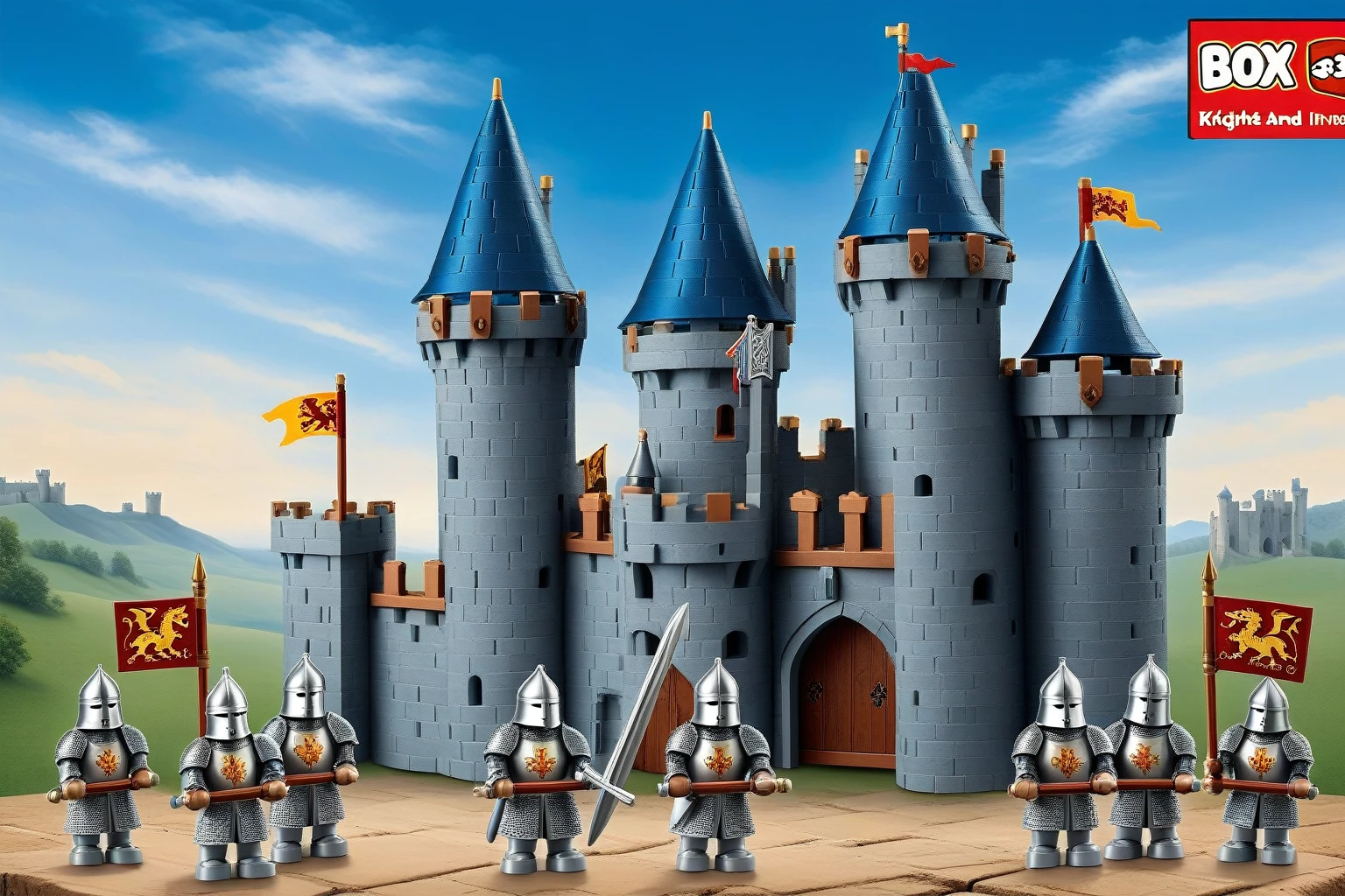 lego Medieval Castle, box, Medieval series, 2 knights and 2 medieval infantries and a dragon blue sky drawing, Medieval Series