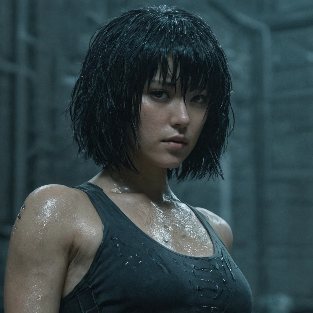 1girl, cyborg kusanagi motoko, tank top, short hair, black hair, dark, cyberpunk short lighting technique, cinematic, sweaty armpits,see through translucent top,dripping with sweat