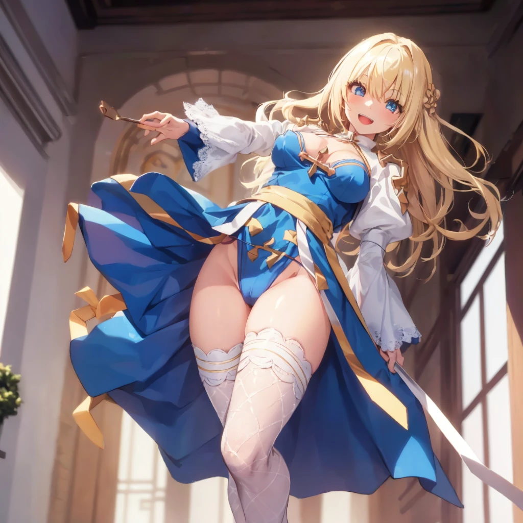 Texture CG,((Ultra Detail Art)),((master piece)),(extremely details CG),1girl,solo,ragnarokarch,nsfw,(clothes pull,lifted by self,wedgie,panty lift),gal,gyaru,beautiful breasts,slim body,slim legs,collarbones,slim and smooth lines,slim waist,small butt,(nipple slip:1.2),(from below:1.2),(ass visible through thighs),(panty shot),wind lift,(bikini lift,highleg,cameltoe,thong),(White Puff Sleeves,white thigh thighs,Gold Sash,White blue dress from neck to chest,cleavage cutout,Long blue skirt with slit),((over the knee length pelvic curtain)),(Blue Wide Sleeve,(Blue Dress wedgie Front)),long hair,golden blonde hair,Curve,Beautiful detailed eyes ,gleaming skin,open mouth,smile,outsides,clear sky,in summer,windy,garden,