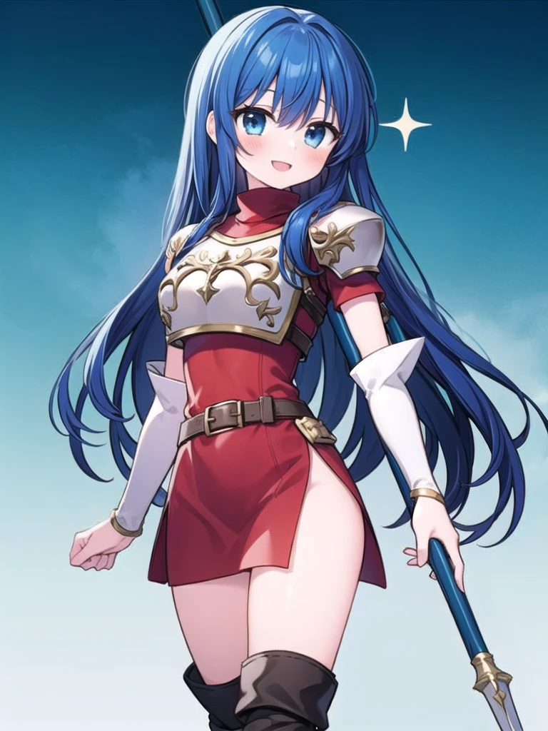 1girl, masterpiece, best quality, perfect hands, blue hair, very long hair, caeda fe, long hair, dress, red elbow gloves, belt, armor, black thigh boots, short dress, shoulder armor, side slit, breastplate, pegasus knight uniform \(fire emblem\), smile, spear, blush