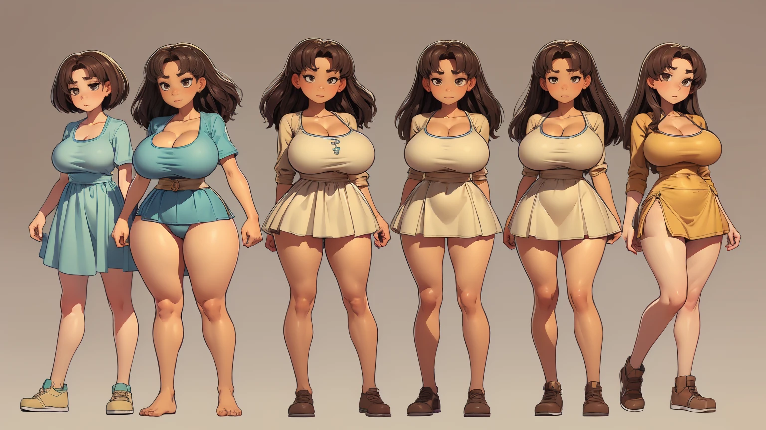 ((character concept art)), ((character design sheet, same character)),(full body view), young adult girl, Tall stature, little chest, closed mouth, brasilian appearance: brown eyes; brown hair; sharp facial features; dimple on the chin; Straight nose; high nose; pronounced high cheekbones; high forehead, stands upright, oiled skin, plump physique, (gigantic breasts:1.2), wide hips, brasilian butt, huge legs, big tighs, detailed face, wear short sundress.