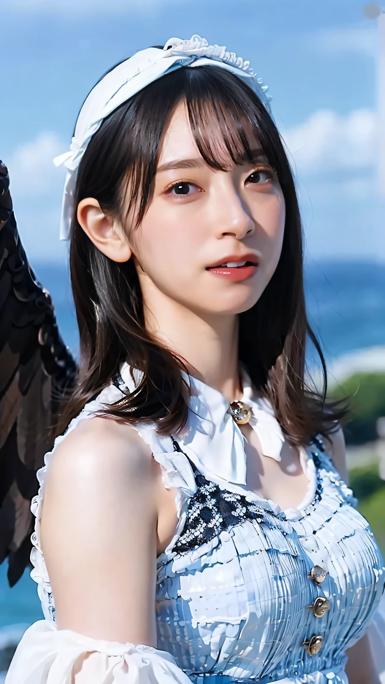 (8k、RAW Photos、highest quality、masterpiece:1.2)、(Realistic、Realistic),1 girl、white skinbest quality,soft light, ultra high res, (photorealistic:1.4), RAW photo,1 Nogizaka Musume、very cute、beautiful girl、19 years old、(gothic fashion)、beautiful face, Exquisite details of eyes and skin、fine black shiny hair、Classy ruffles、frilled tie、ribbon tie、rose hair accessories、(smile at the camera)、(cowboy shot)、(sea of europe)、professional lighting、break、(realistic、Photoreal:1.37)、8K、(masterpiece)、(highest quality:1.4)、(Super high resolution:1.2)、 (Raw photo:1.2)、(delicate lace、soft fabric、beautiful rose pattern dress)、perfect anatomy、4 fingers and 1 thumb、seaside background、(Wallpaper by Unity 8K)