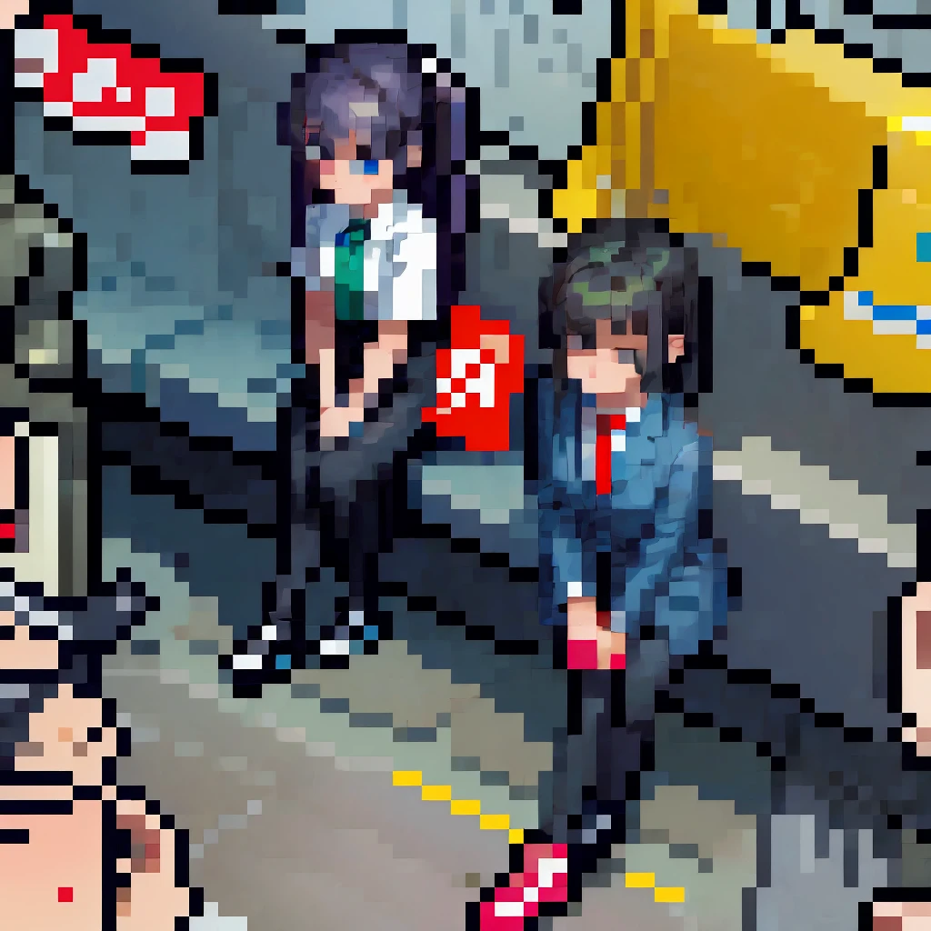 (pixel art_1.1)1female students,The girl in front of me,a girl is Sitting and sleeping on the train,standing on Young man,middle-aged Multiple Salaryman,One of them office worker is reading a newspaper,pixel art,8bit,NES,