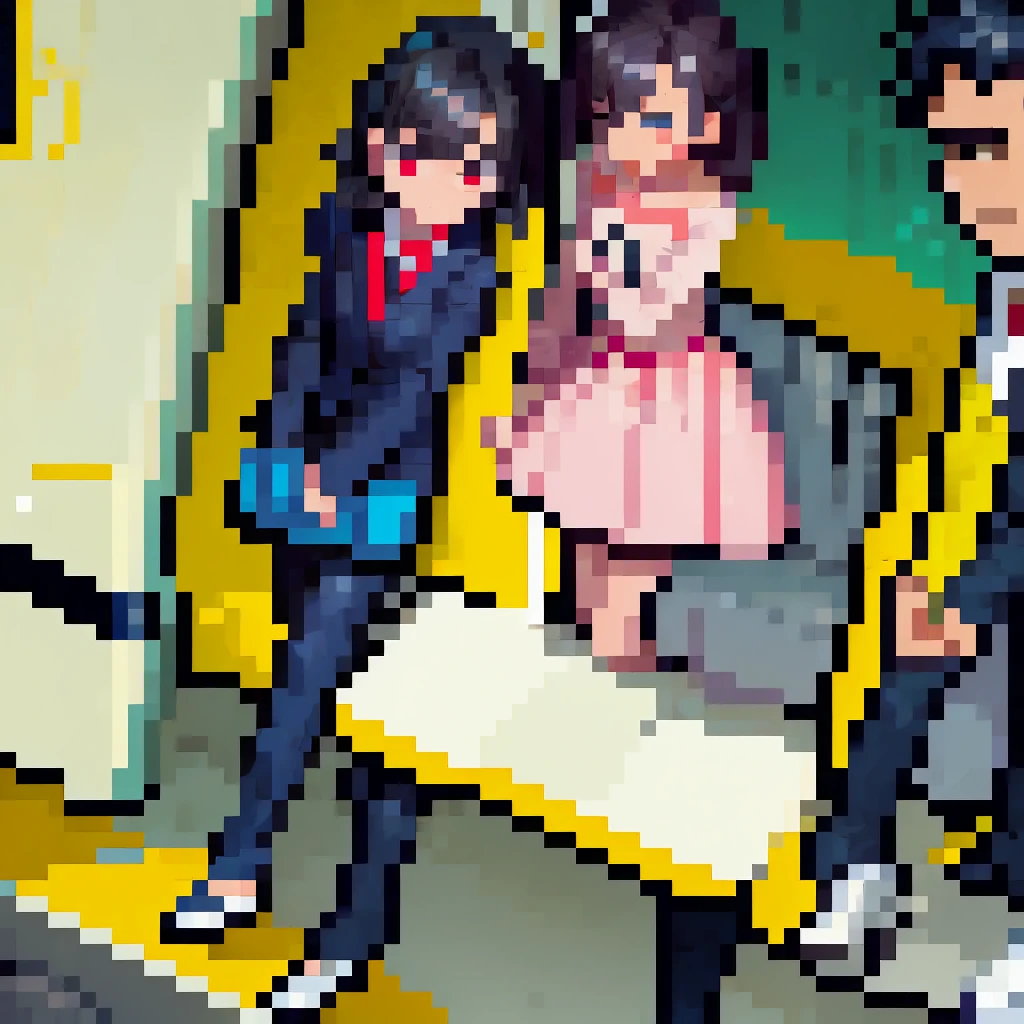 (pixel art_1.1)1female students,The girl in front of me,a girl is Sitting and sleeping on the train,standing on Young man,middle-aged Multiple Salaryman,One of them office worker is reading a newspaper,pixel art,8bit,NES,
