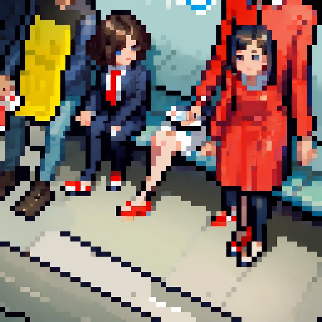 (pixel art_1.1)1female students,The girl in front of me,a girl is Sitting and sleeping on the train,standing on Young man,middle-aged Multiple Salaryman,One of them office worker is reading a newspaper,pixel art,8bit,NES,