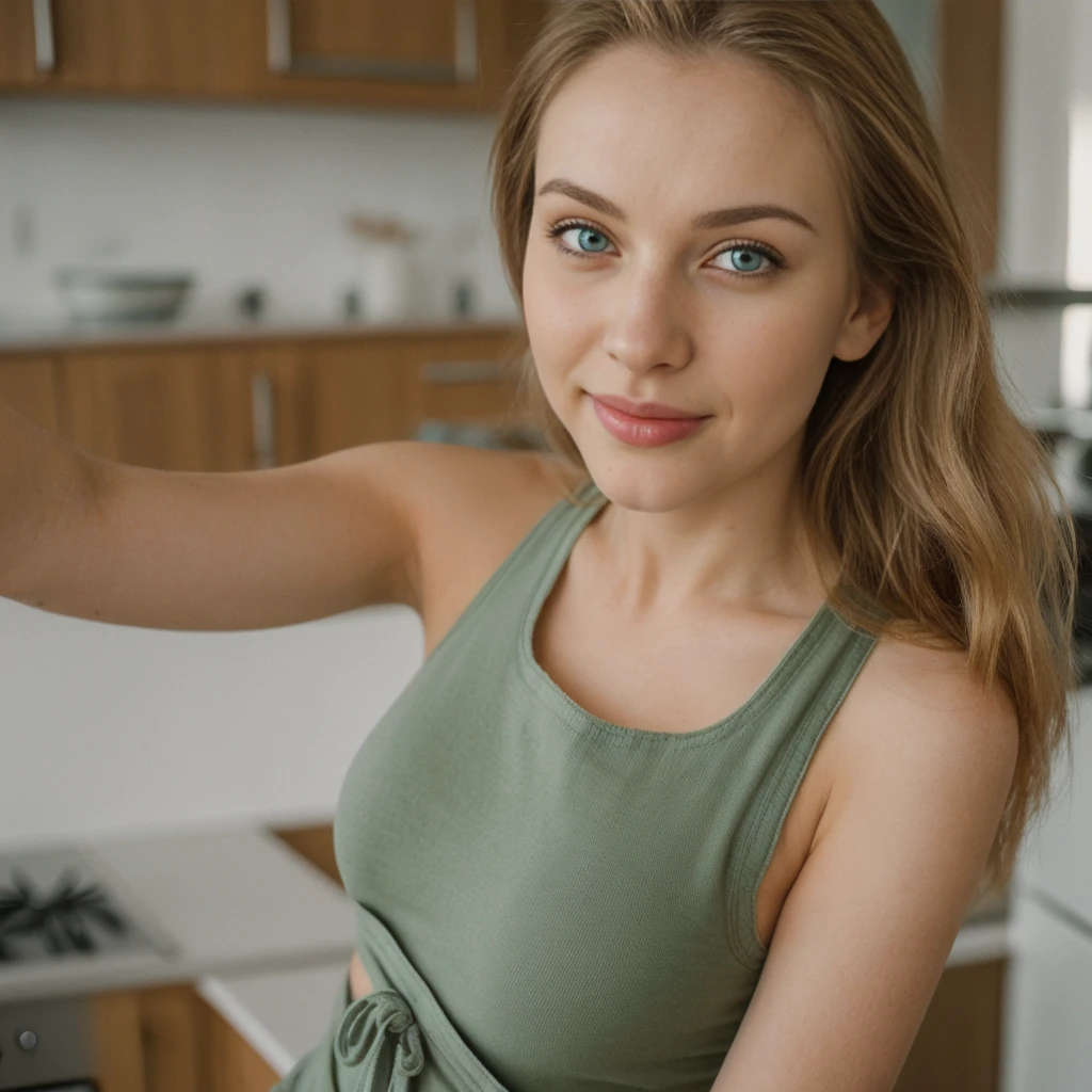 1girl, photorealistic, (((ugly face:1.5))), (((photorealistic))), (((raw photo in sequence))), (((natural lights))), (((detailed no blur background))), (((26 to 35 years old))), (((upper body selfie, happy))), (((detailed face))), photo_(medium), realistic, (((Caucasian woman))), (((long blonde hair))), (((Caucasian nose))), (((Caucasian green eyes))), (((Caucasian face))), (((Caucasian lips))), (((sexy body))), ((( wearing tank tops ))), different pose, posing, (((different pose))), ((( kitchen ))), hair is dragging by wind, candid shot, (((kitchen apron outfit)))