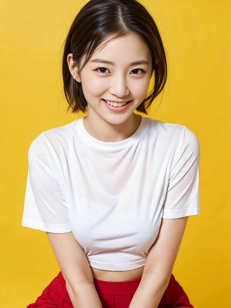 a gorgeous lady, age 21, white T-shirt and red mini-skirt, dimpled smile, short ponytail hair, natural pose, photorealistic, beautiful detailed eyes, ample round bosom, hyper-realism, high contrast, ultra HD, realistic skin textures, top image quality, top-quality, super high resolution, fine details, very meticulously, simple yellow background