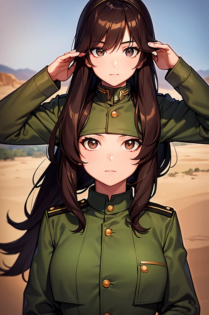 Content:
An anime-style image of a general female soldier in uniform. She has long brown hair, black skin, and brown eyes. Her uniform takes loose inspiration from German military uniforms, without any medals or a hat. She is saluting to the camera with a confident look in her eyes.
Medium:
Digital art, anime illustration.
Lighting:
Soft, natural lighting to emphasize her features and the details of her uniform, creating a balanced and realistic look.
Colours:
A palette of military greens and browns, with subtle highlights to bring out the texture of the uniform and the character's features. The background is a desert setting.
Composition:
A full-body shot, showcasing the character's mature look. She stands confidently, with her hand raised in a salute, and the desert landscape in the background.