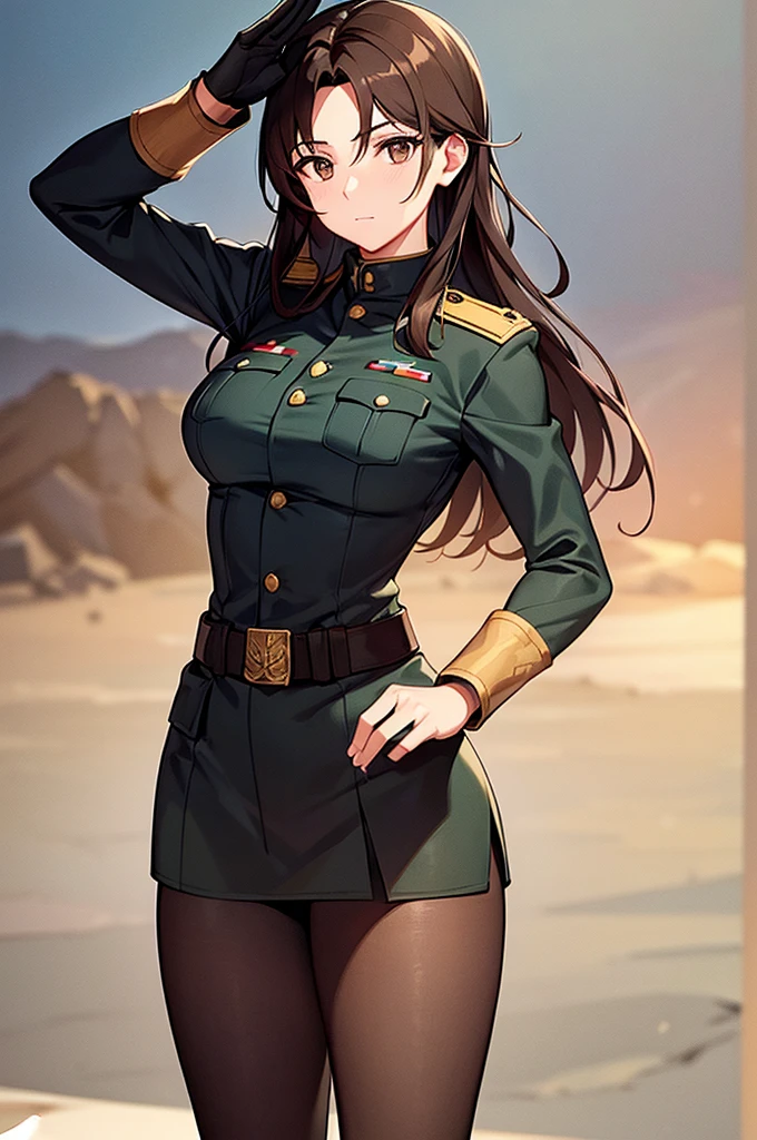 Content:
An anime-style image of a general female soldier in uniform. She has long brown hair, black skin, and brown eyes. Her uniform takes loose inspiration from German military uniforms, without any medals or a hat. She is saluting to the camera with a confident look in her eyes.
Medium:
Digital art, anime illustration.
Lighting:
Soft, natural lighting to emphasize her features and the details of her uniform, creating a balanced and realistic look.
Colours:
A palette of military greens and browns, with subtle highlights to bring out the texture of the uniform and the character's features. The background is a desert setting.
Composition:
A full-body shot, showcasing the character's mature look. She stands confidently, with her hand raised in a salute, and the desert landscape in the background.