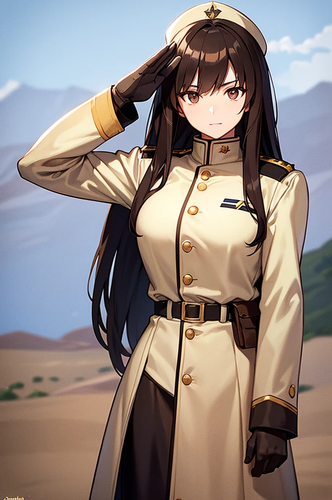 Content:
An anime-style image of a general female soldier in uniform. She has long brown hair, black skin, and brown eyes. Her uniform takes loose inspiration from German military uniforms, without any medals or a hat. She is saluting to the camera with a confident look in her eyes.

Medium:
Digital art, anime illustration.

Lighting:
Soft, natural lighting to emphasize her features and the details of her uniform, creating a balanced and realistic look.

Colours:
A palette of military greens and browns, with subtle highlights to bring out the texture of the uniform and the character's features. The background is a desert setting.

Composition:
A full-body shot, showcasing the character's mature look. She stands confidently, with her hand raised in a salute, and the desert landscape in the background.