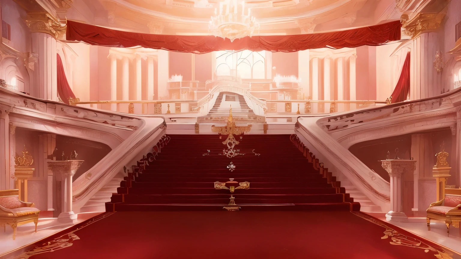 there is a large staircase leading to a red carpeted room, sitting on a grand staircase, wide grand staircase, decadent throne room, exquisitely designed throne room, palace background, in a throne room, throne room, palatial scene, inside her surreal vr castle, large staircase, interior background art, background art deco palace