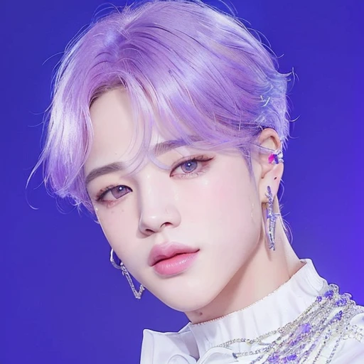 a close up of a person with a purple hair and earrings, jimin\'s plump lips, jimin\'s right eyelid swollen, jimin, park jimin, jimin\'s grecian nose, accurate jimin face, jung jaehyun, he has dark grey hairs, with glowing purple eyes, with vivid purple eyes, hyung tae, portrait of jossi of blackpink