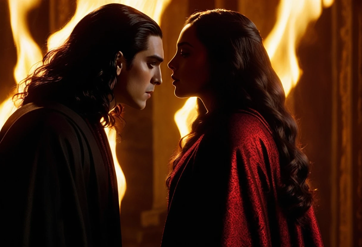 
- Scene: Create an image of two people in love in a setting of mystery and passion.
  
- Woman's Appearance:
  - Resembles Beyoncé
  - Brown skin
  - Long, golden blonde curly hair
  - Confident and seductive expression
  - Wearing a red dress, elegant and form-fitting
  - Lips painted a deep, intense red

- Man's Appearance:
  - Resembles Severus Snape
  - Pale skin
  - Large nose
  - Black, straight hair falling around his face in a somber manner
  - Serious and intense expression
  - Wearing a black cloak, contrasting with the flames around them

- Atmosphere:
  - Surrounded by flames, creating a mystical and fiery ambiance
  - Soft lighting highlighting their faces, enhancing the sparkle in their eyes
  - Flames adding an element of intensity and mystery to the scene
  - They are close to each other, gazing intensely into each other's eyes, exuding a strong emotional connection
