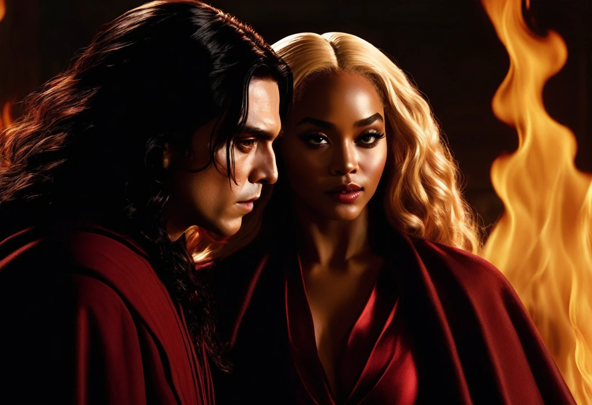 
- Scene: Create an image of two people in love in a setting of mystery and passion.
  
- Woman's Appearance:
  - Resembles Beyoncé
  - Brown skin
  - Long, golden blonde curly hair
  - Confident and  expression
  - Wearing a red dress, elegant and form-fitting
  - Lips painted a deep, intense red

- Man's Appearance:
  - Resembles Severus Snape
  - Pale skin
  - Large nose
  - Black, straight hair falling around his face in a somber manner
  - Serious and intense expression
  - Wearing a black cloak, contrasting with the flames around them

- Atmosphere:
  - Surrounded by flames, creating a mystical and fiery ambiance
  - Soft lighting highlighting their faces, enhancing the sparkle in their eyes
  - Flames adding an element of intensity and mystery to the scene
  - They are close to each other, gazing intensely into each other's eyes, exuding a strong emotional connection
