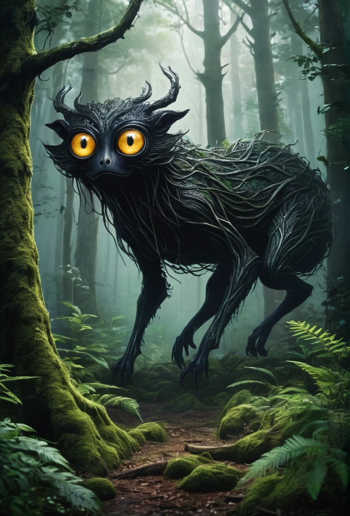 Unidentified creatures lurking in the forest、Has wide eyes、Captivating Appearance、
BRAEK&#39;s body is made up of countless tree roots、
BRAEK The forest is dark and the trees are buying、Looks like they&#39;re about to attack