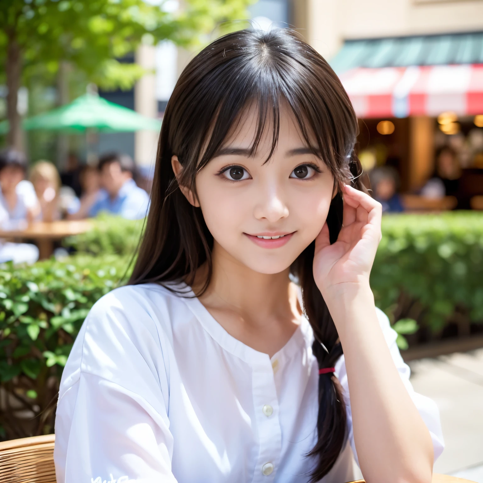 A girl (20 years old, Japanese cute face) are wearing white apron, mini skirt at the beach bar