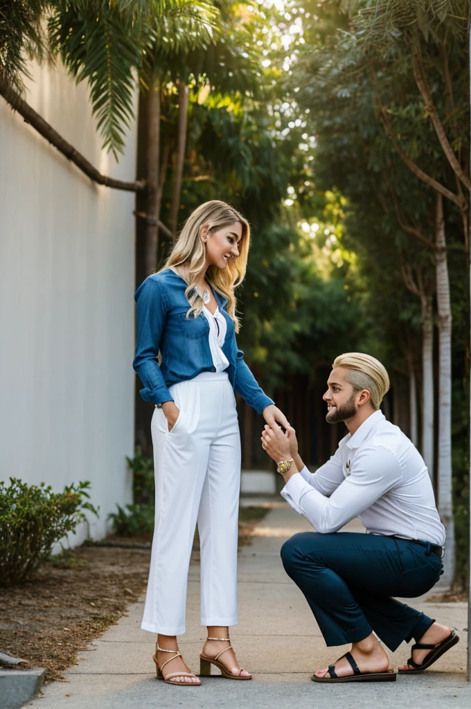 Chico alto cabello corto negro cara slim con barba candado cerrado, long sleeve blue shirt white pants, white knee shoes, With a ring box he proposes to a tall girl with loose blonde hair., green eyes, slim, in a red dress with white stripes, Golden sandals, with a surprised face