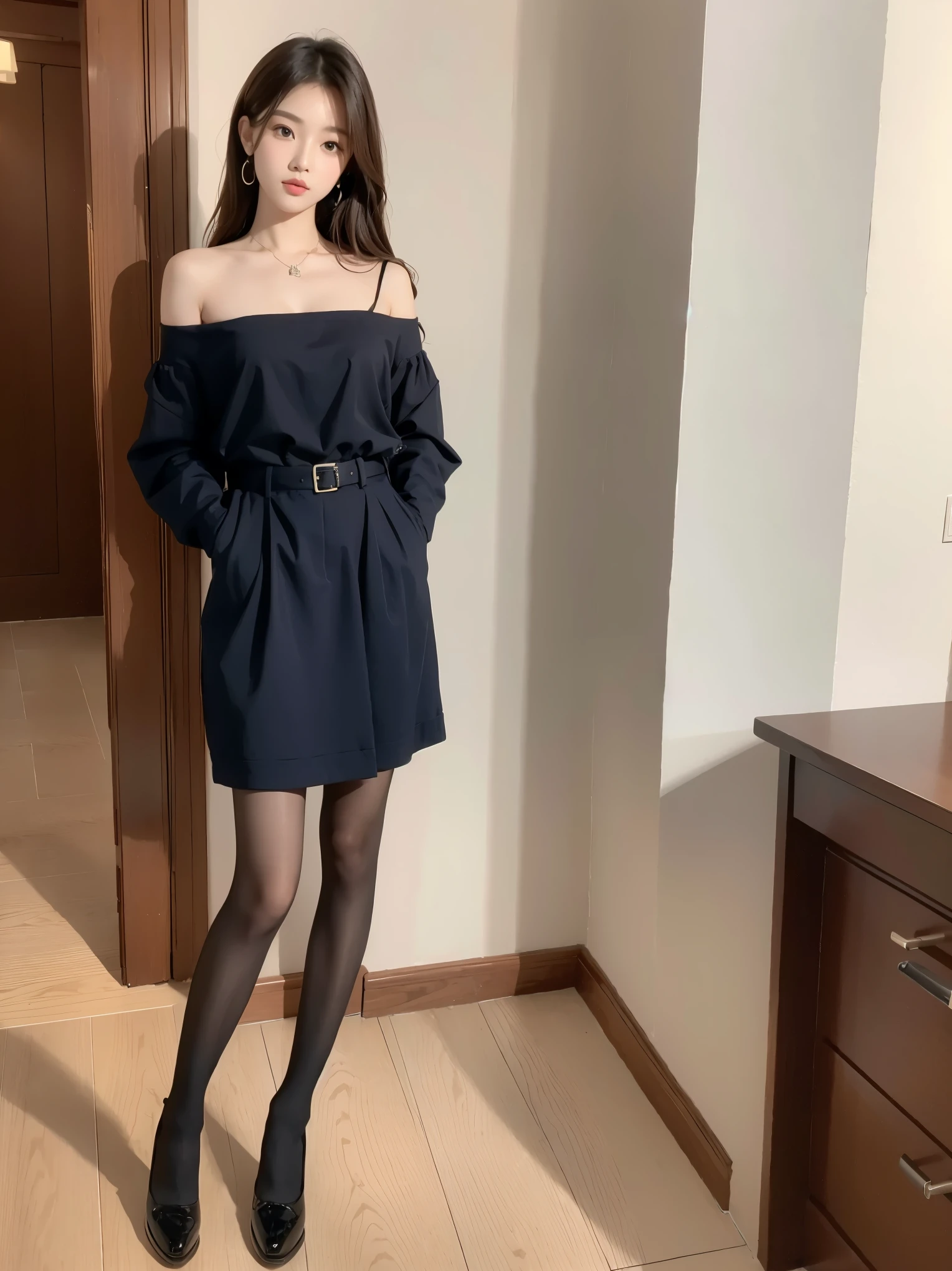 (8K,Best quality,masterpiece:1.2),(Photo Realism:1.4),(RAW photos),(Ray tracing),Perfect details,1 Girl,Korean female model,Solitary,Oval face,Wavy hair,pure,Sexy highlighted,secretary,Wearing a sky blue one-shoulder lace hip-wrapped dress,Wear black high heels,Wearing black 10d pantyhose,Office,meeting room,Standing,dignified,Full body image