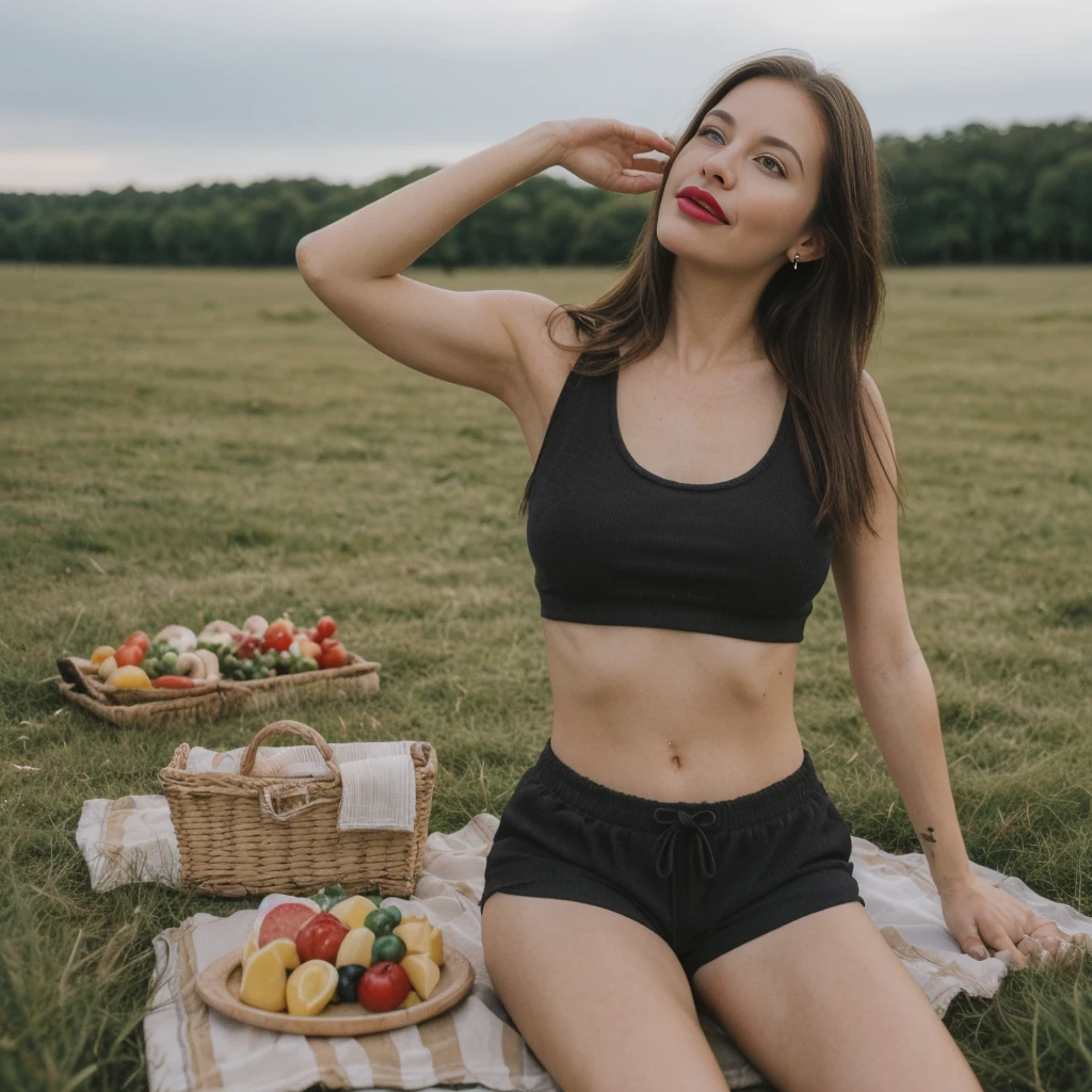 1girl, photorealistic, (((ugly face:1.5))), (((photorealistic))), (((raw photo in sequence))), (((natural lights))), (((detailed no blur background))), (((26 to 35 years old))), (((upper body and upper legs, happy))), (((detailed face))), photo_(medium), realistic, (((Caucasian woman))), (((long white blonde hair))), (((Caucasian nose))), (((Caucasian green eyes))), (((Caucasian face))), (((Caucasian lips))), (((sexy body))), (((wearing rugged black tank tops and shorts))), different pose, posing, (((different pose))), (((grassland))), hair is dragging by wind, candid shot, (((picnic setting))), wide shot