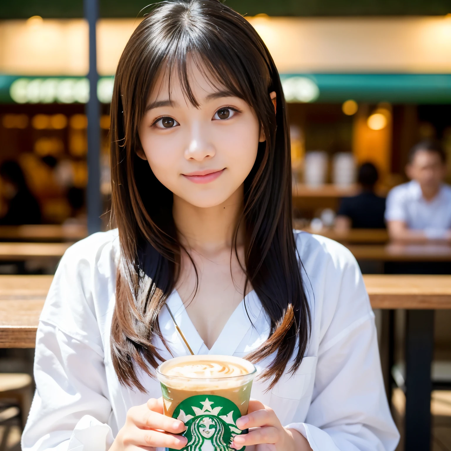 (Best-quality, Masterpiece, Ultra-High-Resolution, (Photorealistic:1.4), Raw Photo, depth of field, professional lighting, perfect anatomy, extremely details), 1girl, -yeld, thost famous Japanese idol, ((at outdoor terrace of Starbucks Coffee)), looking at viewer, innocent smile, wearing summer-clothes with cute-design, ((extremely cute face like the most popular Japanese idol, ((extremely cute and extremely big eyes)), extremely realistic hair, extremely beautiful and extremely realistic skins)), extremely cute long-eyelashes, extremely cute lips, detailed Starbucks-Coffee