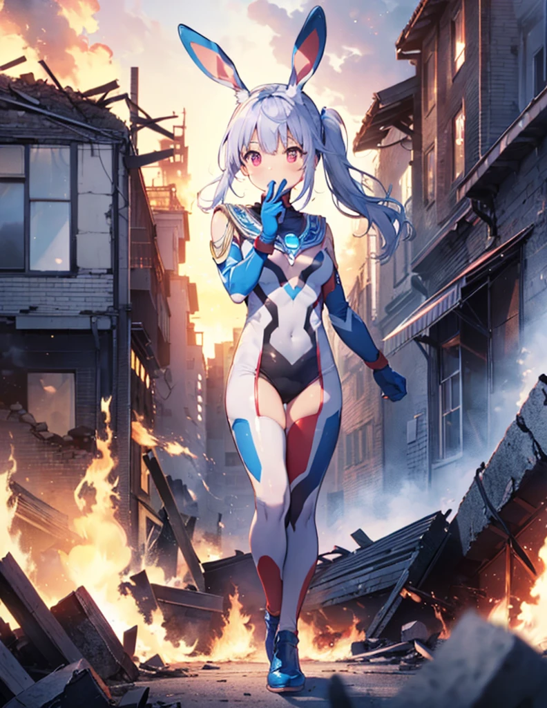 (Close-up:1.3),Realistic,Highest quality, Ultra Detail, High-quality CG rendering, The most delicate and beautiful, Floating softly, High resolution, (1 giant girl), (Highest quality,4K,8K,masterpiece:1.2) ,Light purple hair,Rabbit,(Bunny ears:1.5),(Very long ponytail:1.5),Red eyes,(Ultra Girl:1.0),(All blue Ultraman :1.4),(Do not expose your skin:1.5),(All blue gloves:1.3),(All blue shoes:1.3), (Fighting Pose:1.2), (Are standing:1.3),(A city engulfed in flames:1.3),(Buildings in flames:1.3),(Burning Ruins:1.3)