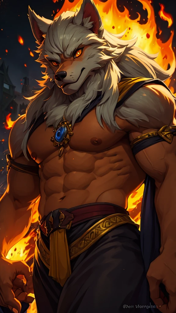 One portrait of a werewolf with lustfull face looking pleasured, the werewolf have nice yellows eyes, wide shoulders, nice pecs, gloomy fire Illumination from medieval times.