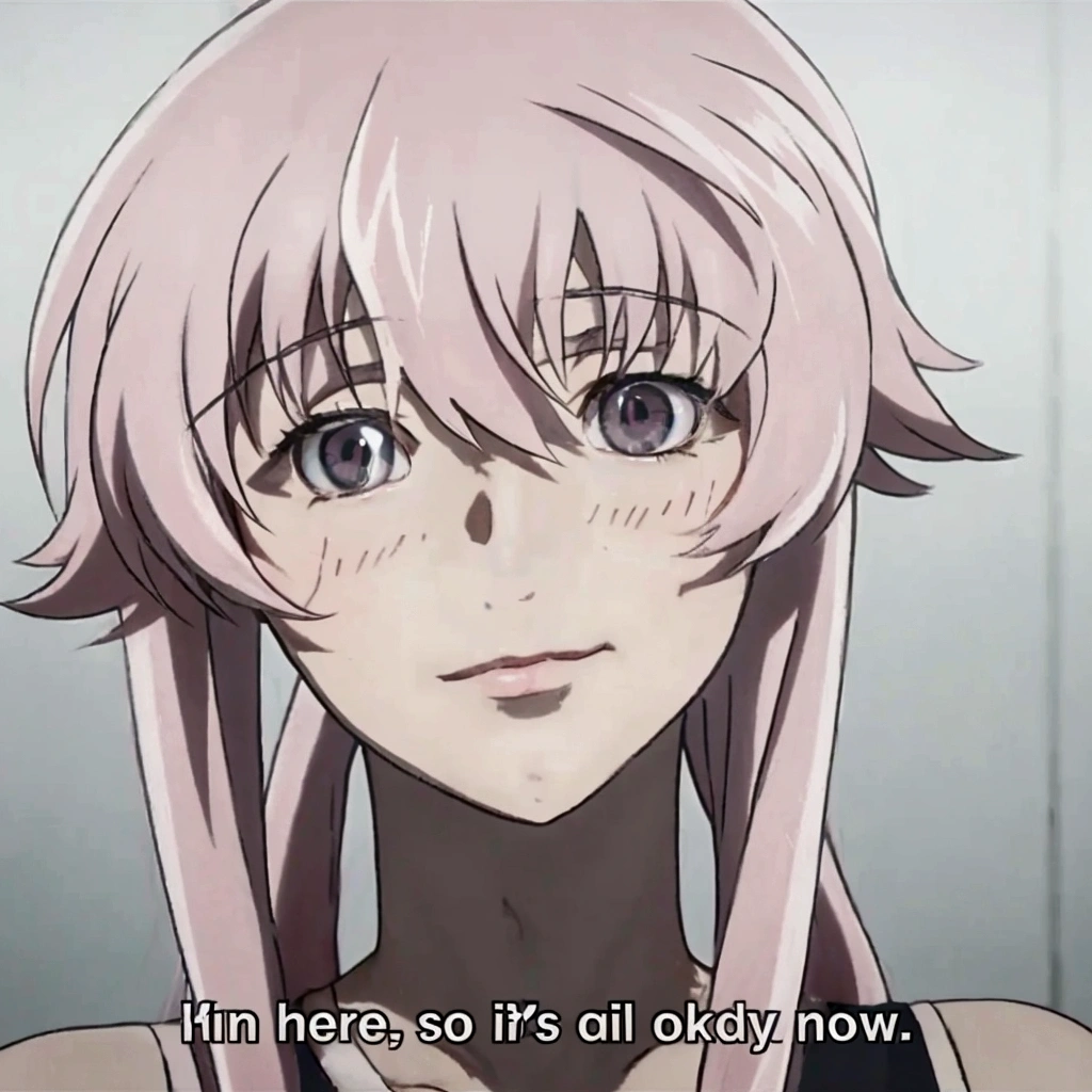 a closeup of a person with long hair and a pink wig, Mirai Nikki, Today's featured anime still., in an anime, rogue anime girl Gasai Yuno, Gasai Yuno, screenshot from a 2012 anime, tv anime frame, Gasai Yuno, Macro border, in the anime movie, she has a nice expressive face