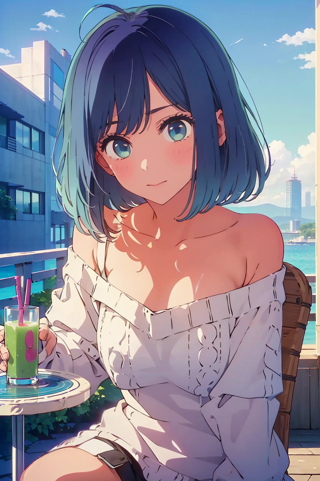 (Highest quality:1.4、8K:1.4、detailed)、F cup bust、Big Breasts、Slim body、Very white beautiful skin、((((1 person、Surprised expression、sit、Chair、In the background are the urban buildings of Tokyo、looking at the camera、Outdoor café terrace、coastal、Navy hair color、juice、Shooting up close、table、Very cute face))))、(Pose of putting hair behind ears with hands:1.4）、((((、Off-the-shoulder sweater))))、、Very blue sky、A completely cloudless sky