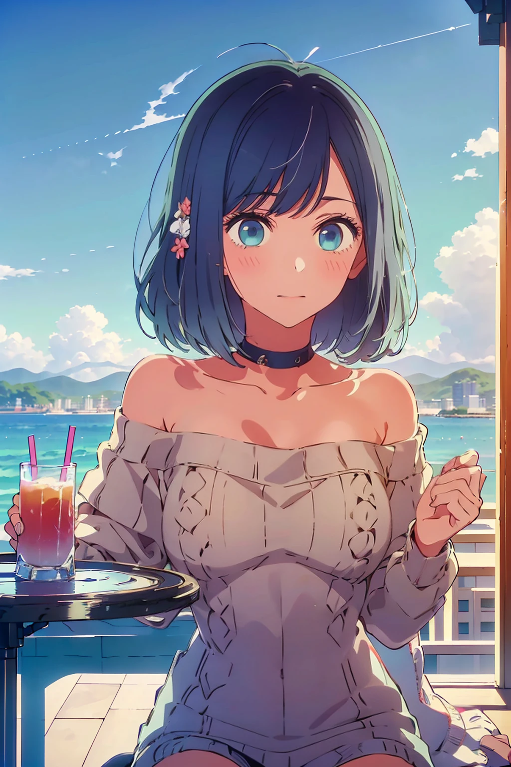 (Highest quality:1.4、masterpiece:1.4、Super detailed:1.4、Ultra-high resolution:1.4、8K:1.4)、F cup bust、Big Breasts、Slim body、((((1 person、Surprised expression、sit、Chair、In the background are the urban buildings of Tokyo、looking at the camera、Outdoor café terrace、coastal、juice、Shooting up close、table、Very cute face))))、(Cheek resting on hand:1.4）、((nude、very beautiful areola))、bikini、Very blue sky、A completely cloudless sky