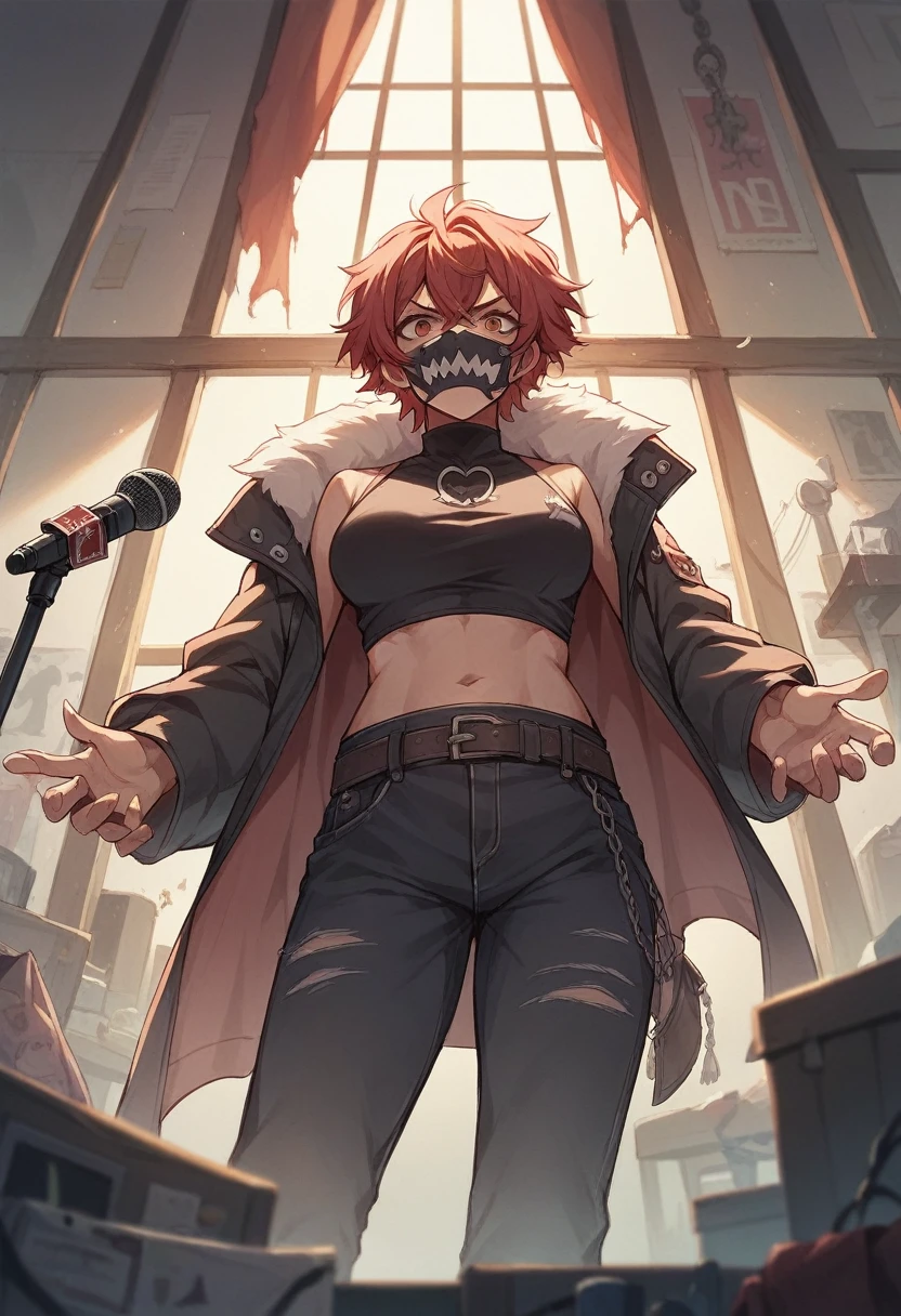 An anime character with dark red hair wearing a mask with terrifying details in a room with terrifying details in front of her with a microphone