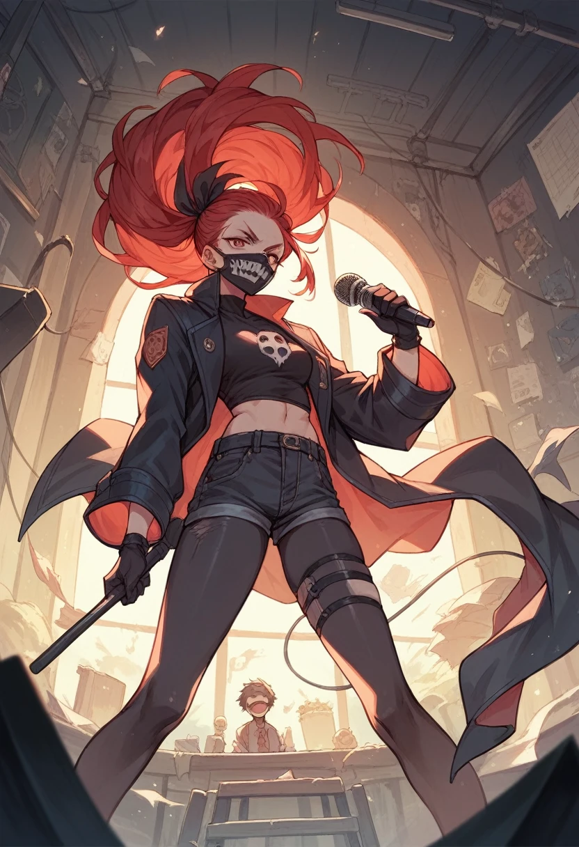 An anime character with dark red hair wearing a mask with terrifying details in a room with terrifying details in front of her with a microphone