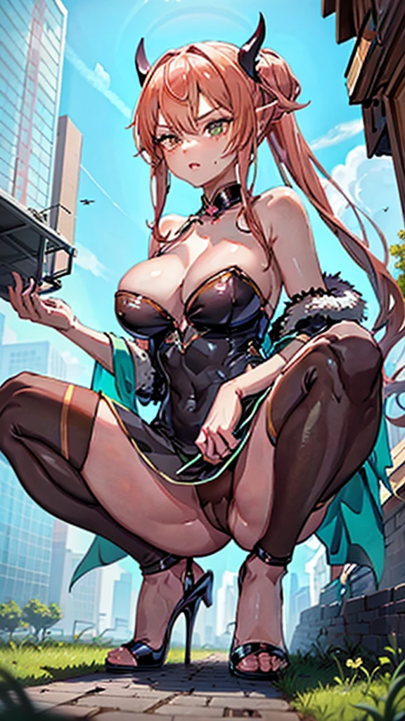 A colossal giantess succubus squatting into a tiny city, breaking the floor, the tiny people and everything with her heels, she looks down and mocks you as you see from below her tiny tits and very long and sexy legs, look down, evil, better quality, close, photo under her, Giant succubus, massive, long legs, sexy legs, slim body, sexy body, hot, goddess, tiny people, crushing, blood, sadystic, ass