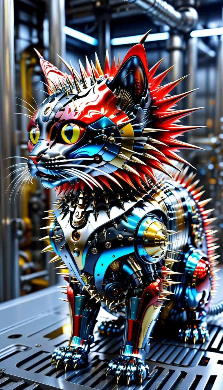 There is no one, Reality Photos, Reality Photos, Realistic photo of a cat-like creature, spikes, multi-colored shiny fur, strange and, Surreal and, the other world, A robotic factory with a shiny assembly plant, intricate details, very sharp, Sophisticated details, Flawless composition, vivid colors, masterpiece, futuristic, metal decoration, The shiny red interior is empty., polished, ray tracing
