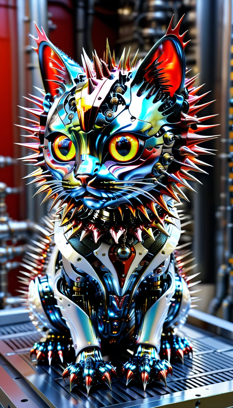 There is no one, Reality Photos, Reality Photos, Realistic photo of a cat-like creature, spikes, multi-colored shiny fur, strange and, Surreal and, the other world, A robotic factory with a shiny assembly plant, intricate details, very sharp, Sophisticated details, Flawless composition, vivid colors, masterpiece, futuristic, metal decoration, The shiny red interior is empty., polished, ray tracing
