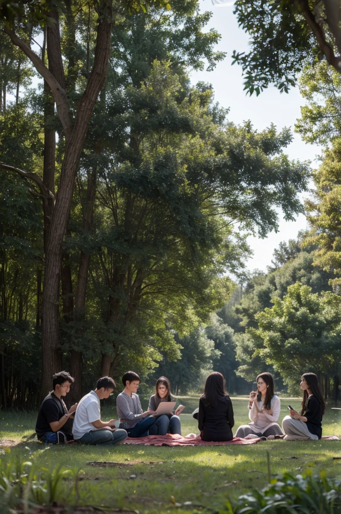 Some people gathered together in the woods with their mobile phones