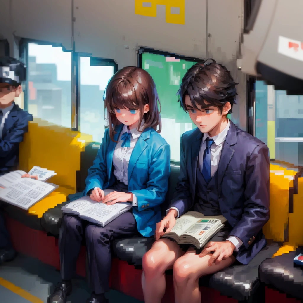 (pixel art_1.1)1female students,The girl in front of me,a girl is Sitting and sleeping on the train,standing on Young man,middle-aged Multiple Salaryman,One of them office worker is reading a newspaper,pixel art,8bit,NES,