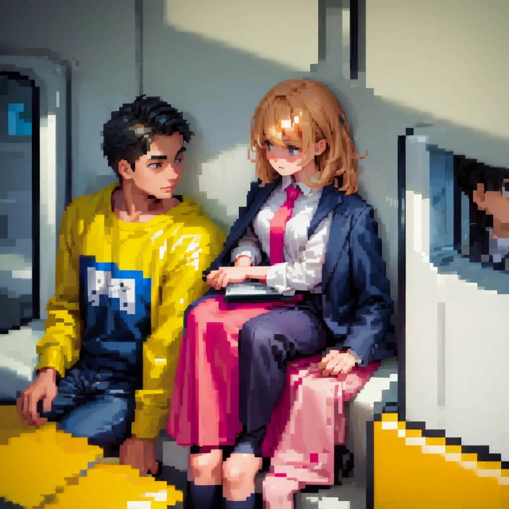 (pixel art_1.1)1female students,The girl in front of me,a girl is Sitting and sleeping on the train,standing on Young man,middle-aged Multiple Salaryman,One of them office worker is reading a newspaper,pixel art,8bit,NES,