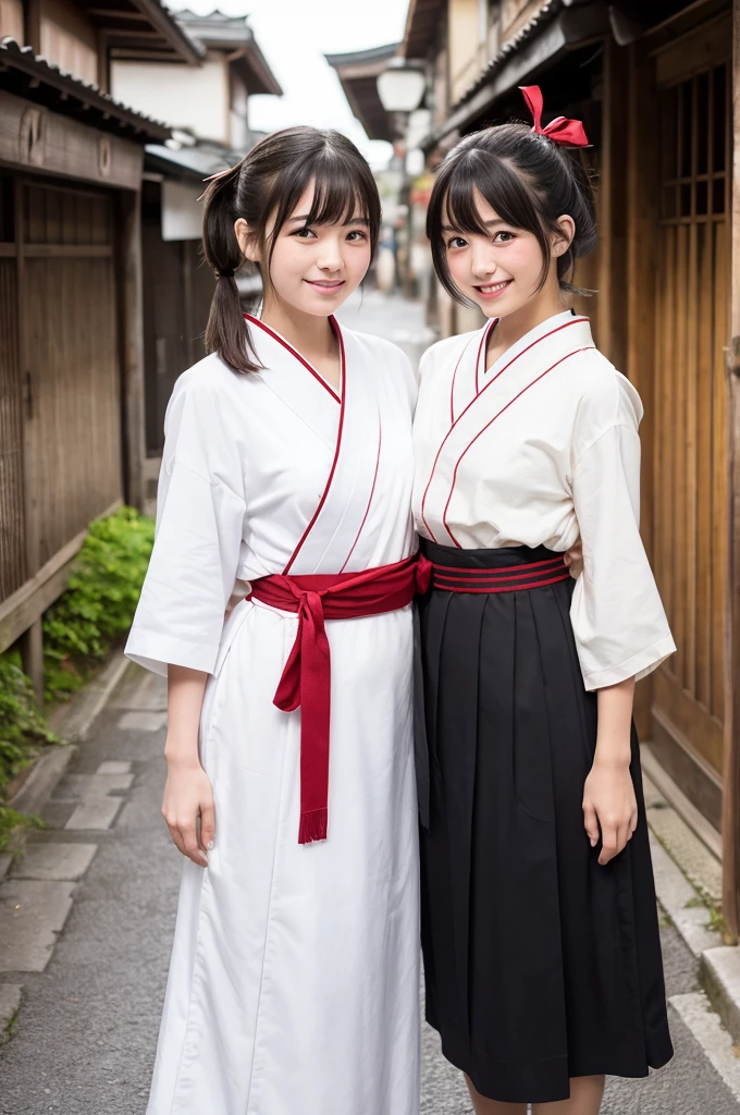 2 girls standing in old-Japanese street,white hakama top,red hakama bottom,18-year-old,bangs,a little smile,short hair and low pigtails with red ribbon bow,from before,front light