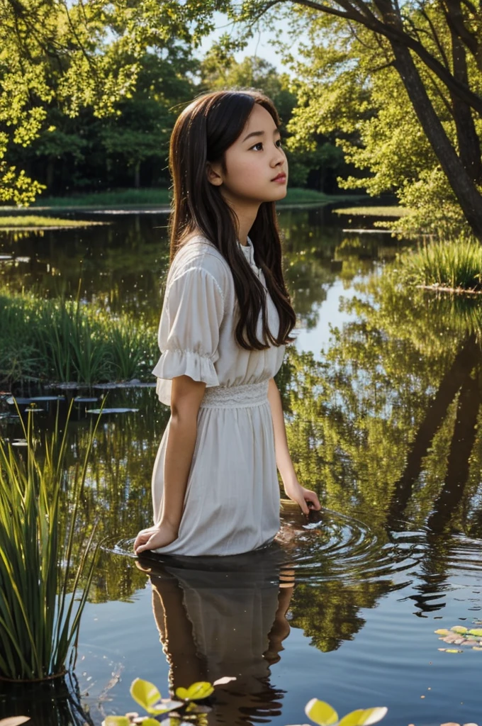 
One sunny afternoon, Mia's curiosity led her to the village pond, where she stumbled upon Lucas, absorbed in sketching the pond's serene reflection.

Startled but intrigued, Lucas looked up, his eyes meeting Mia's in a moment of unexpected connection.

Mia, with her bright eyes filled with wonder, leaned closer to admire Lucas's artwork, marveling at the intricate details he effortlessly captured.
