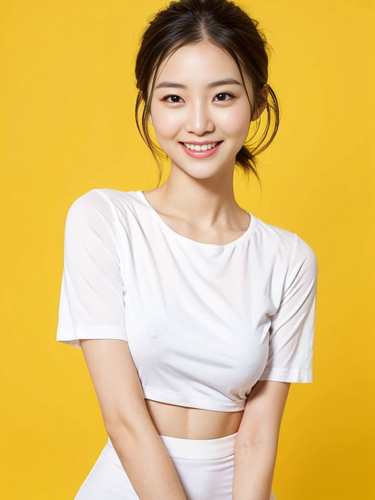 a gorgeous lady, age 21, white T-shirt and red mini-skirt, dimpled smile, short ponytail hair, natural pose, photorealistic, beautiful detailed eyes, well-endowed round bosom, hyper-realism, high contrast, ultra HD, realistic skin textures, top image quality, top-quality, super high resolution, fine details, very meticulously, simple yellow background