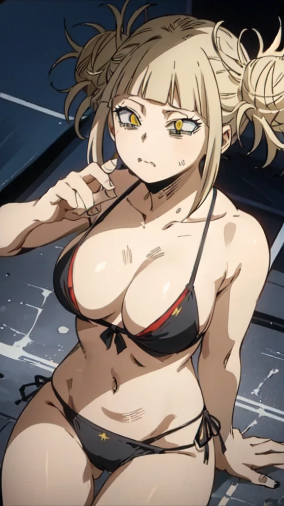 himikotoganova, (1girl, solo), blonde hair, double bun, messy hair, bangs, (perfect eyes, yellow eyes), black bikini, bags under eyes, (close mouth), breasts, looking at viewer, titled forward