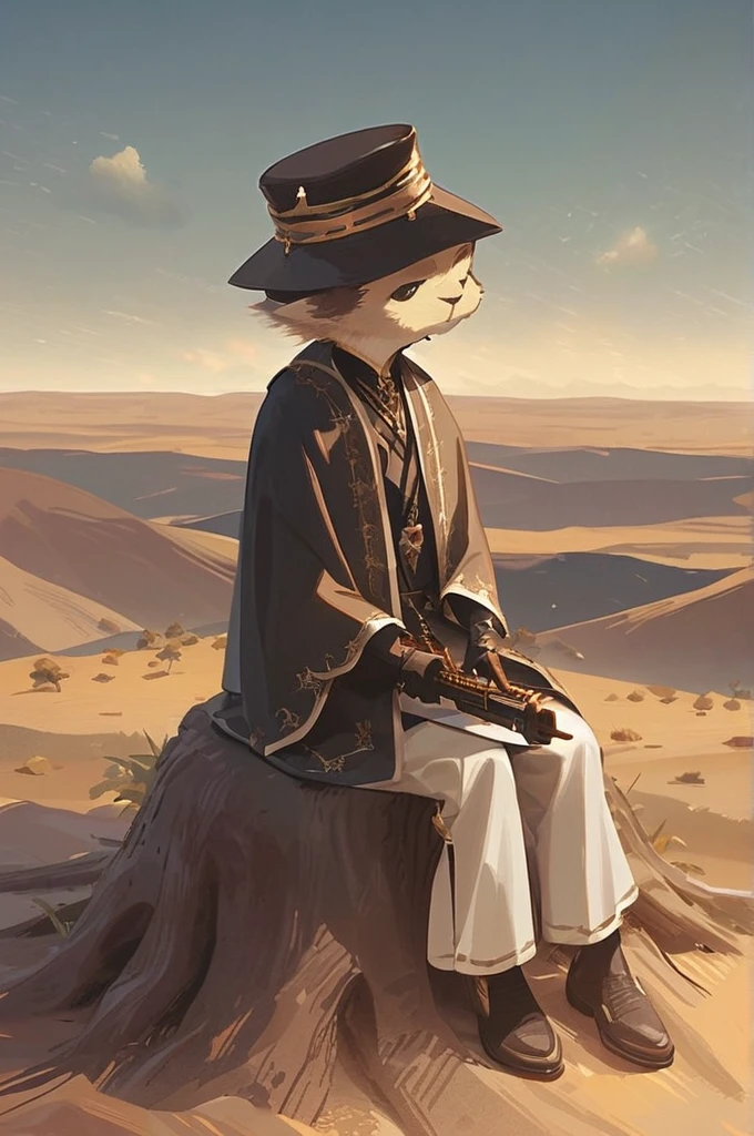 ((Лучшее качество)), ((шедевр)), (подробный), Dimon is sitting on a tree with a rebar in his hand, under a tree a bear in a hat with earflaps and with a machine gun, a tree in the desert