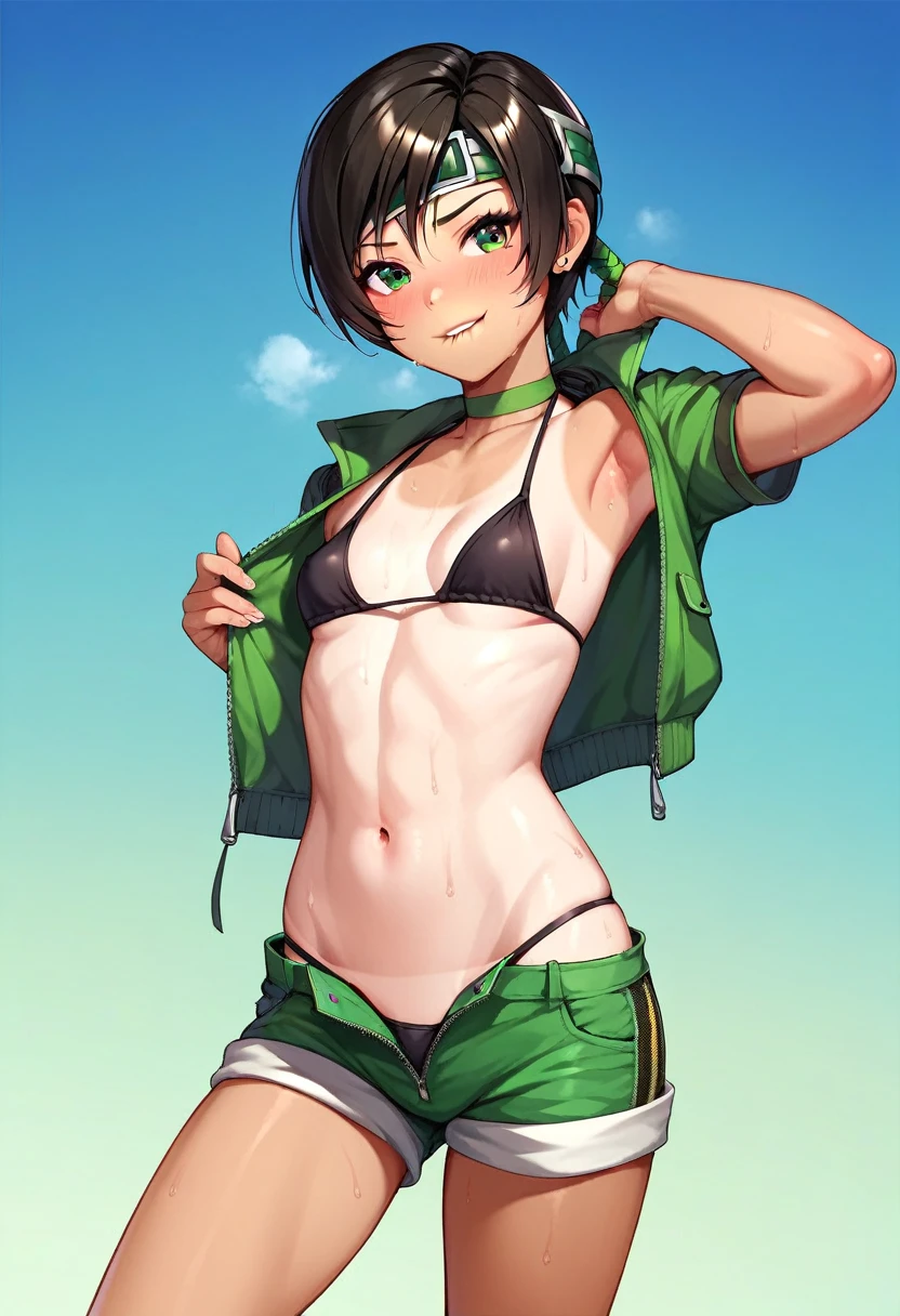 score_9, score_8_up, score_7_up, score_6_up, score_5_up, score_4_up, highest_quality, masterpiece, yuffie kisaragi, midriff, tan short shorts, small breasts, black bikini, shorts unzipped, tan, bikini tanlines, pulling shorts down, biting lip, sweaty