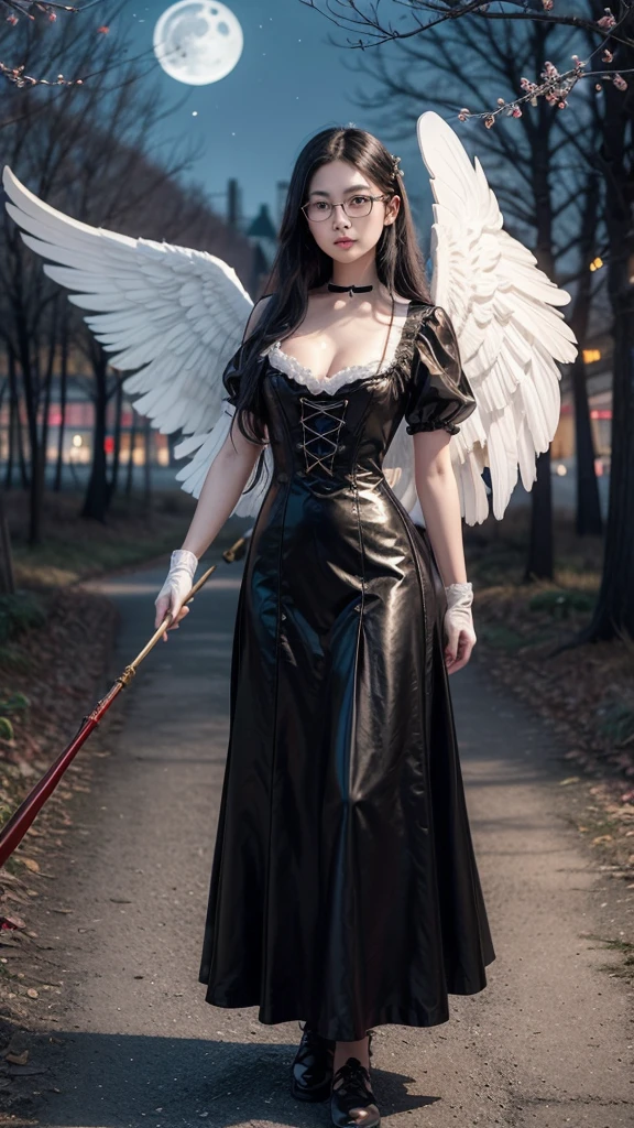 painting of a beautiful attractive slender Chinese woman, long wavy black hair, black eyes, vintage glasses, v-neck Victorian dress, maple-colored bodice with black laces, red skirt, white gloves, angelic white wings, staff with carved details and a stone in the middle, background a night sky with twilight moon and fireflies cherry trees forest