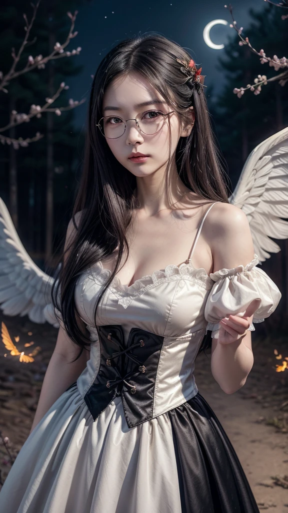 painting of a beautiful attractive slender Chinese woman, long wavy black hair, black eyes, vintage glasses, v-neck Victorian dress, maple-colored bodice with black laces, red skirt, white gloves, angelic white wings, staff with carved details and a stone in the middle, background a night sky with twilight moon and fireflies cherry trees forest